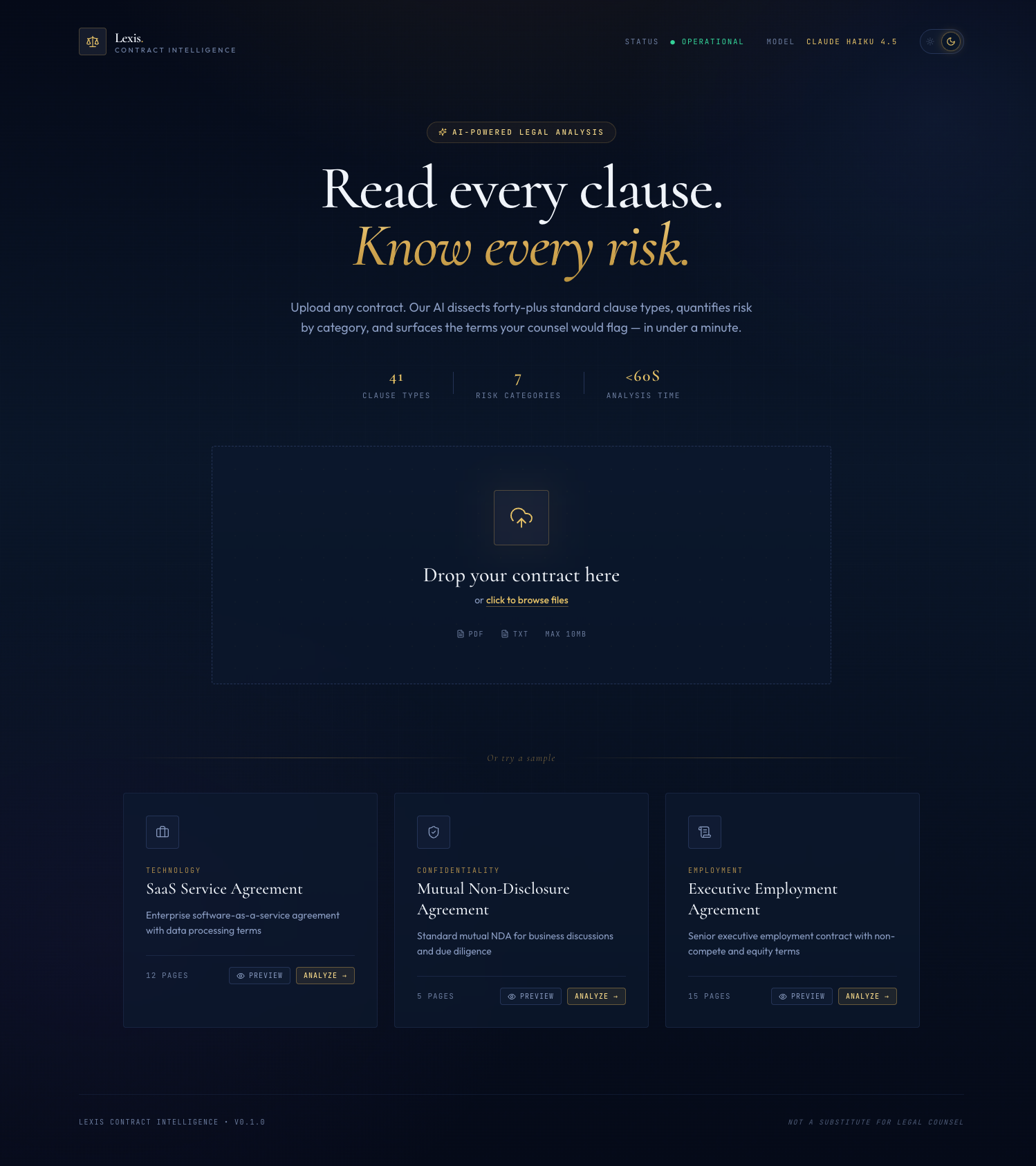 Landing page in dark theme with navy and gold palette