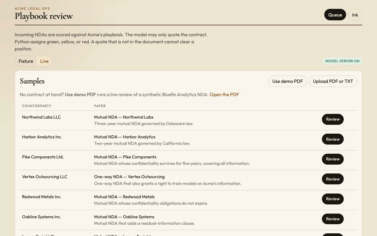 The queue: eight sample contracts, a Use demo PDF button, and Fixture and Live modes